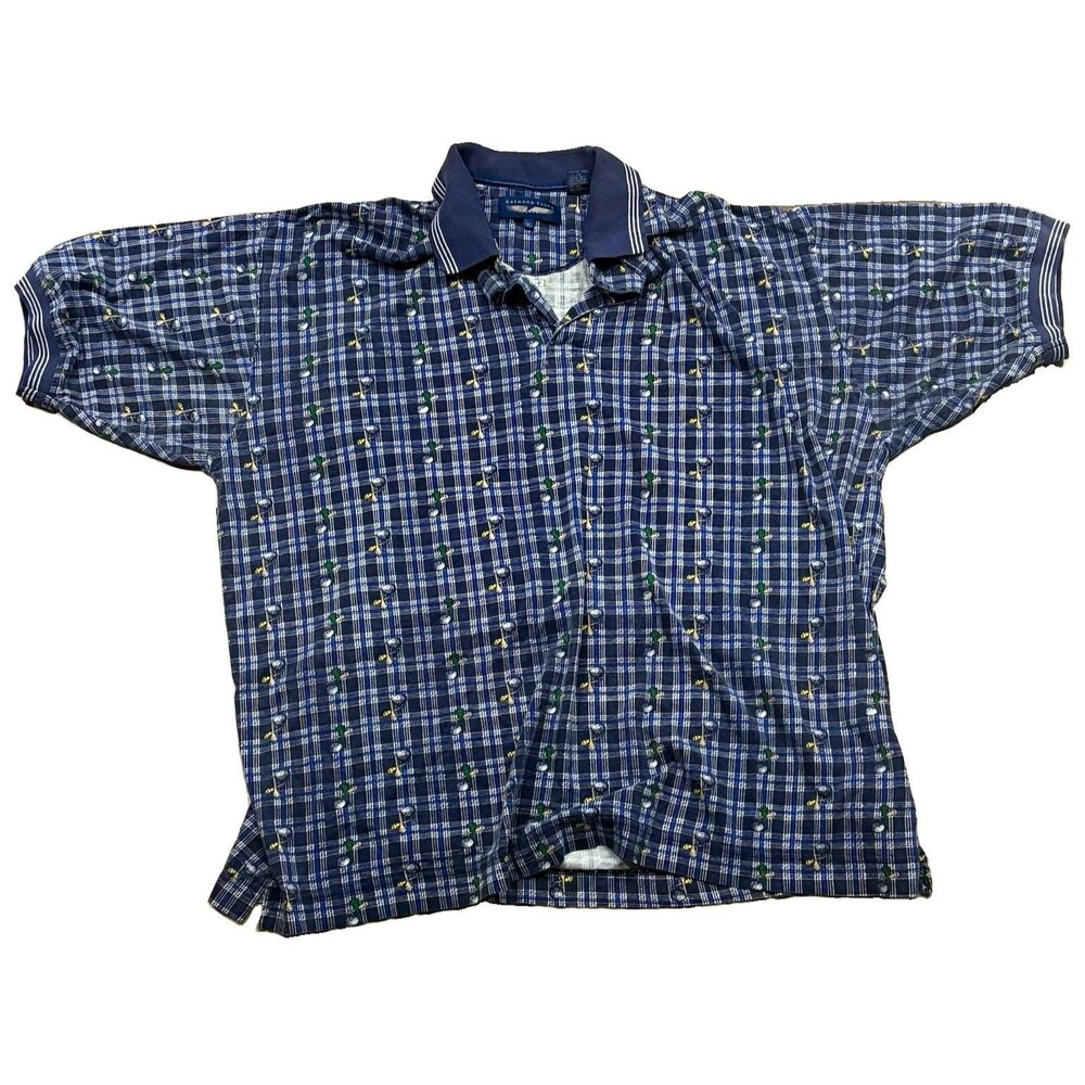 Raymond Floyd Men's XL Blue White Plaid Golf Button-Up Shirt Short Sleeve Pkts